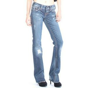 1921 straight leg decorated, distressed and patched jeans EUC